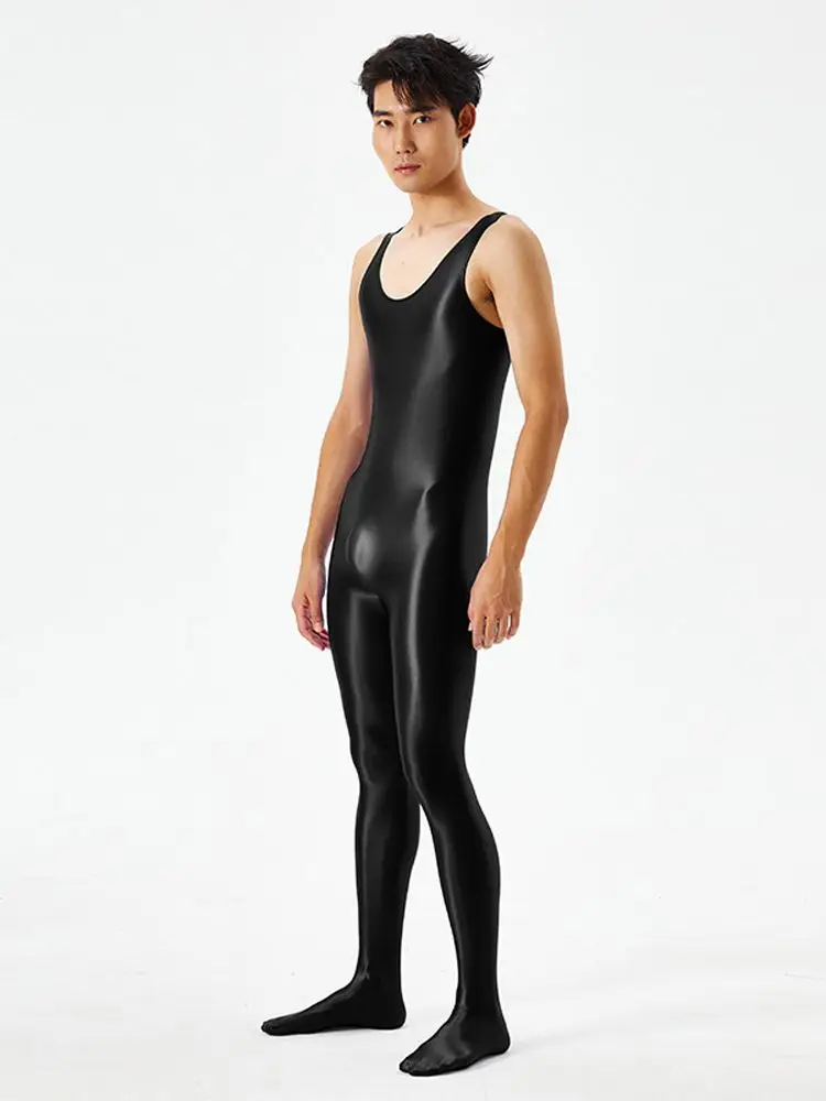 Unisex Sleeveless Tank Pantyhose Bodystocking Shiny Catsuit Leotard Conjoined Close Open Crotch Bodysuit Sexy Lingerie Leotard