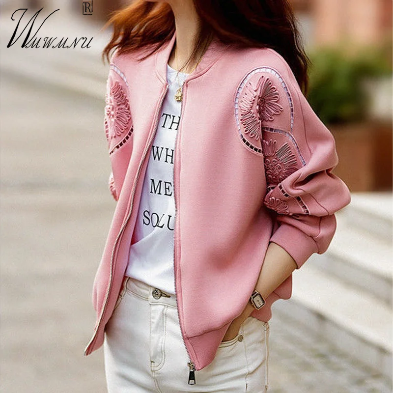 Pink Design Short Jackets Women Chic 3D Flower Casual Bomber Jacket