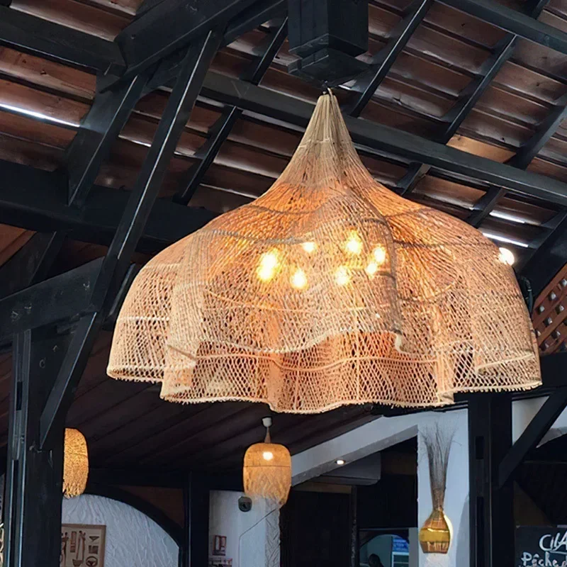 Japanese Style Wabi-sabi Retro Rattan Chandelier Creative Living Room Restaurant Box Pendants LIghts Hotel Living Room Lamps LED