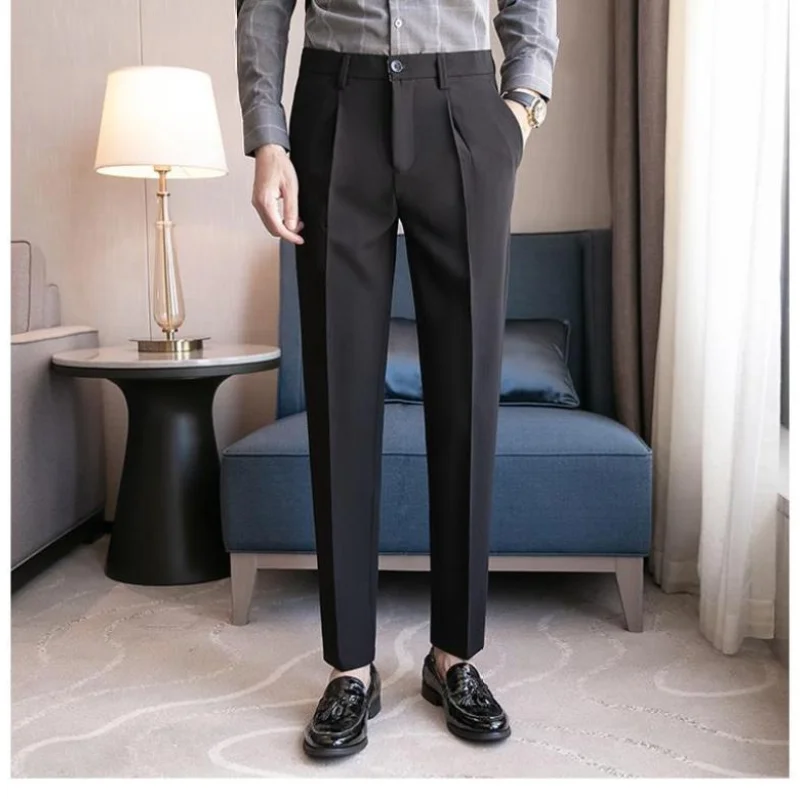 Spring and Autumn Fashion Casual Business Korean Edition British Style High Waisted Slim Fit Dark Striped Cropped Suit Pants