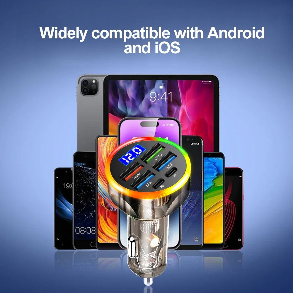 High-Power 200W Clear Case Car Charger with QC3.0 & Type-C PD Fast Charging