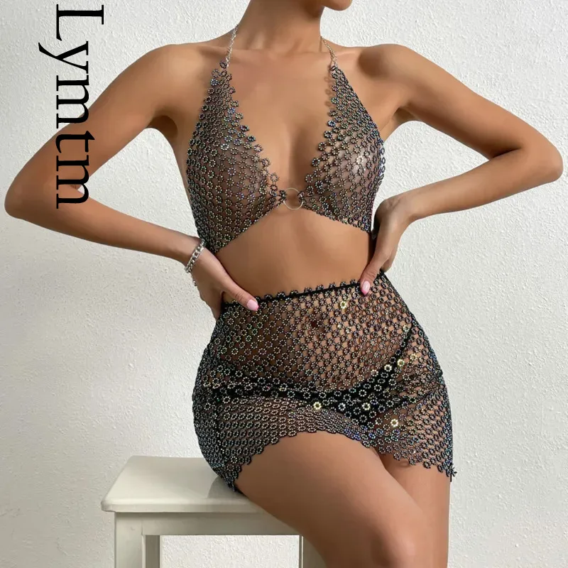 AKYZO Women Sexy 2 Piece Sets See Through Fishnet Backless Crystal Rhinestone Crop Top Mini Skirt Club Party Festival Outfits akyzo women s rhinestone evening party skirt fishnet crystal diamond high split sexy nightclub skirts rave festival outfits luxu