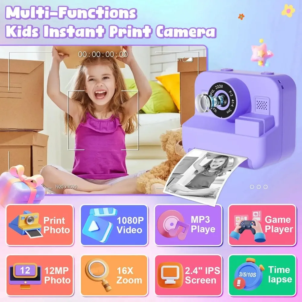 Educational Thermal Instant Print Camera for Kids – 1080P Mini Digital Video Camera with 32GB Card 4