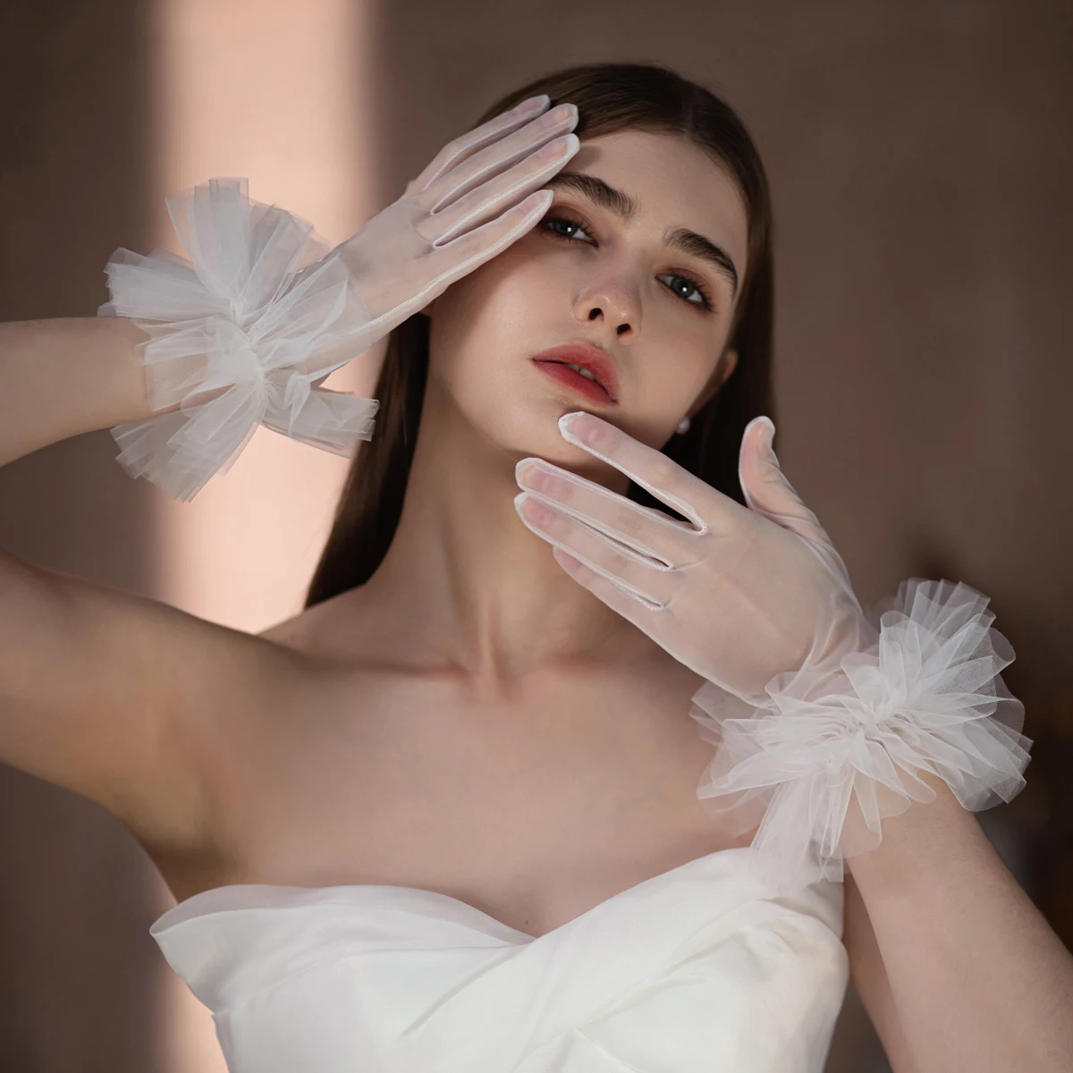 knee length dresses for ladies White Lace Bridal Gloves with Ruffle Cuff – Short Romantic Wedding Glo –  Viniodress main image 1