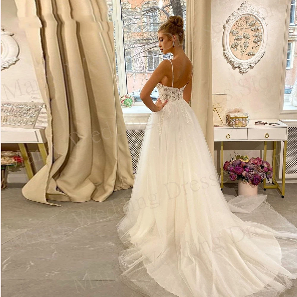 Graceful Romantic A Line Women Wedding Dresses Sexy V-Neck Lace Appliques Bride Gown Spaghetti Strap Vestido De Novia Customized 2
