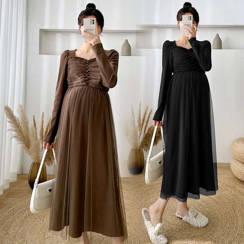 Gauze Patchwork Maternity Long Dress 