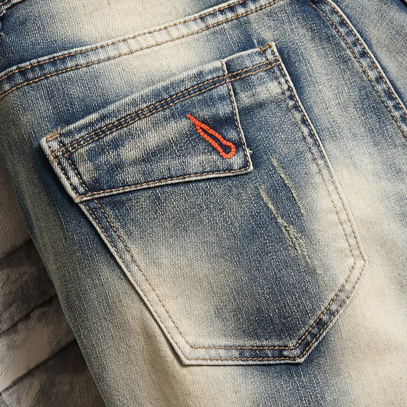 New Summer Men Retro Punk Denim Shorts Jeans Male Cotton Straight Fit Shorts Fashion Ripped Knee Length Jeans 42