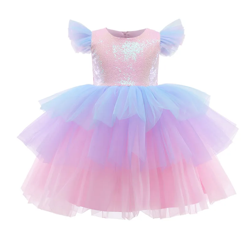 Girls Formal Princess Dress Kids Lace Tulle Rainbow Elegant Evening Party Cake Tutu Prom Gown Children Wedding Communion Costume