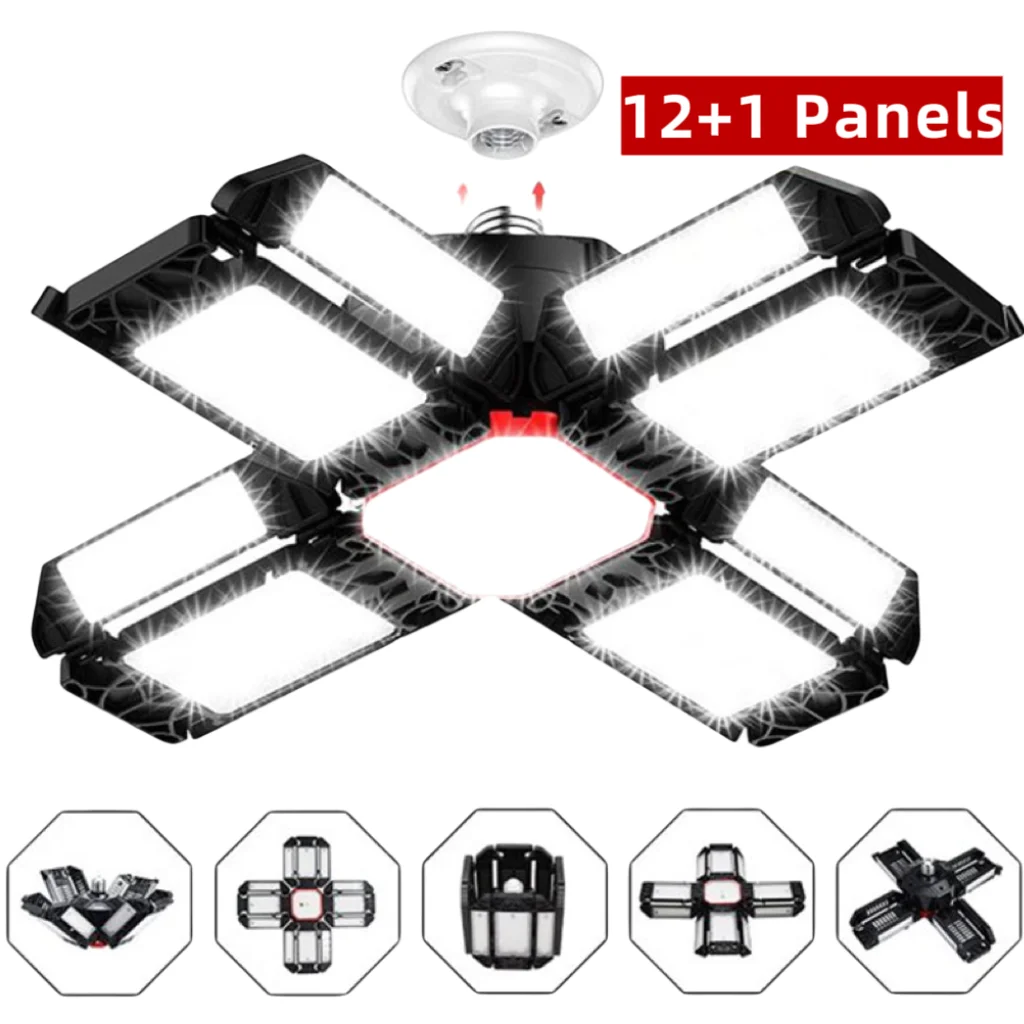 หลอดไฟ LED โรงรถแบบเปลี่ยนรูปได้พร้อมแผงไฟปรับได้3/5/10/12 E26หลอดไฟ LED กลางคืนไฟเพดาน E27สำหรับคลังสินค้าการประชุมเชิงปฏิบัติการ 1