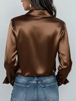 Women's Satin Button-Up Blouse, Elegant Collared Shirt for Office or Casual Wear, Autumn Winter Spring - Image 2