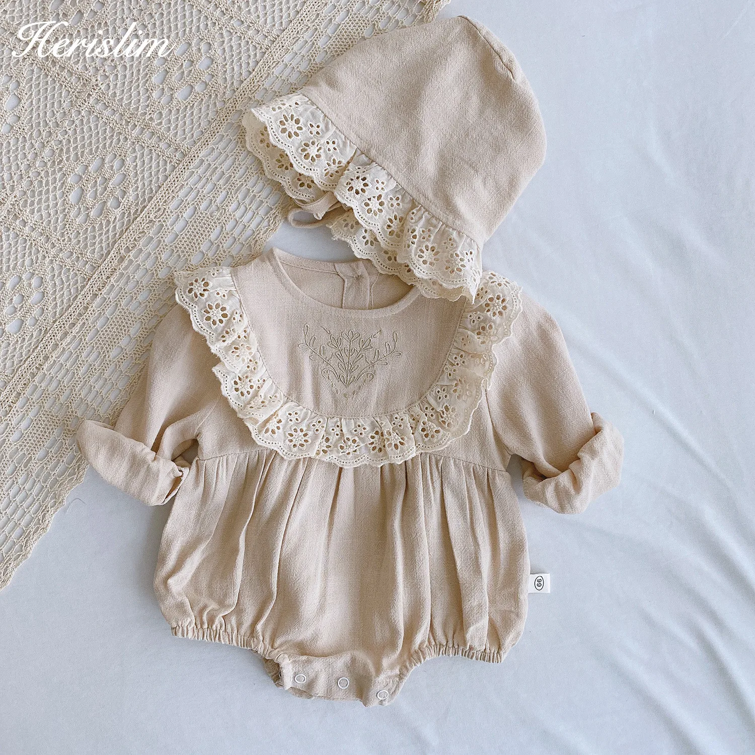 Baby Beige Lace Princess Romper Spring Autumn Retro Girls Embroidery Clothes Cotton Infant Outfits 2pcs Set With Hats |