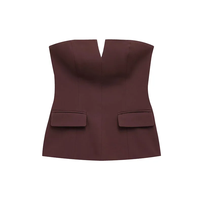 Elegante top corto con hombros descubiertos para mujer, liso, sin espalda, con cremallera, tipo tubo, para oficina, verano 2025