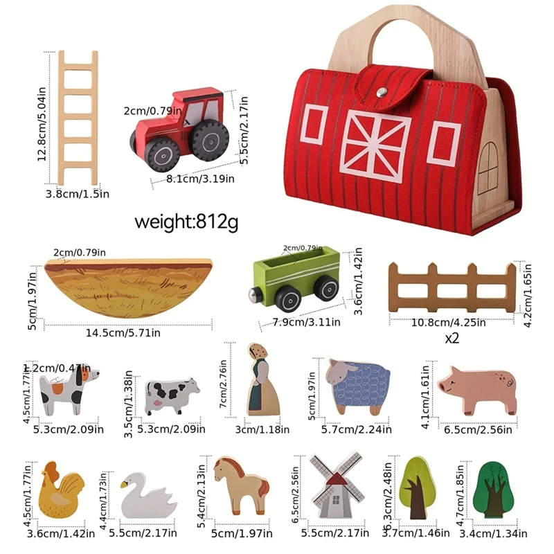 18Pcs Farm Animals Barn Toys Wooden Montessori Stacking For Toddlers Red Barn Toys Farm Pretend Playset Birthday Gift-Y46A