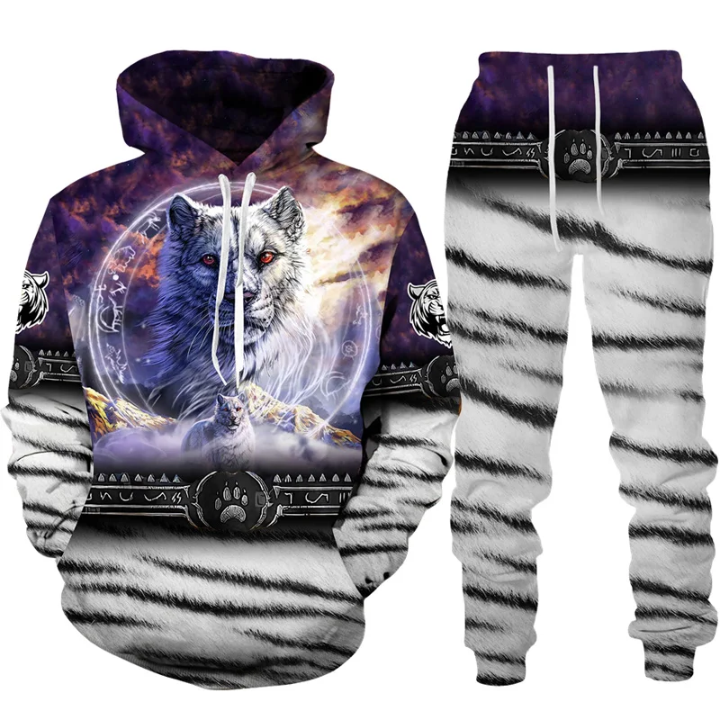 Cool Tiger 3D Animal Print Hoodie+Pants Suit Long Sleeve Pullover Men\'s Sportswear Tracksuit Couple Outfit Two Piece Jogging Set