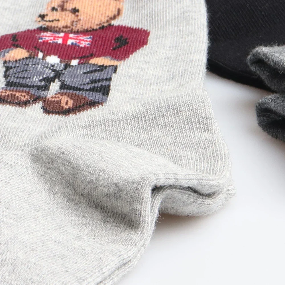 5 Pairs Bear Men's Socks Cotton Cartoon Gentleman Harajuku Skateboard Spring Winter Warm Novelty Breathable Sox Christmas Gift