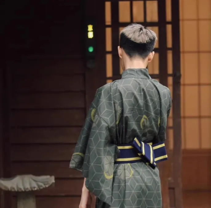 Men's Summer Yukata Deep Green- Samurai-style Navy Checkered Kimono, Wrinkle-Free & Colorfast for Festivals or Cosplay