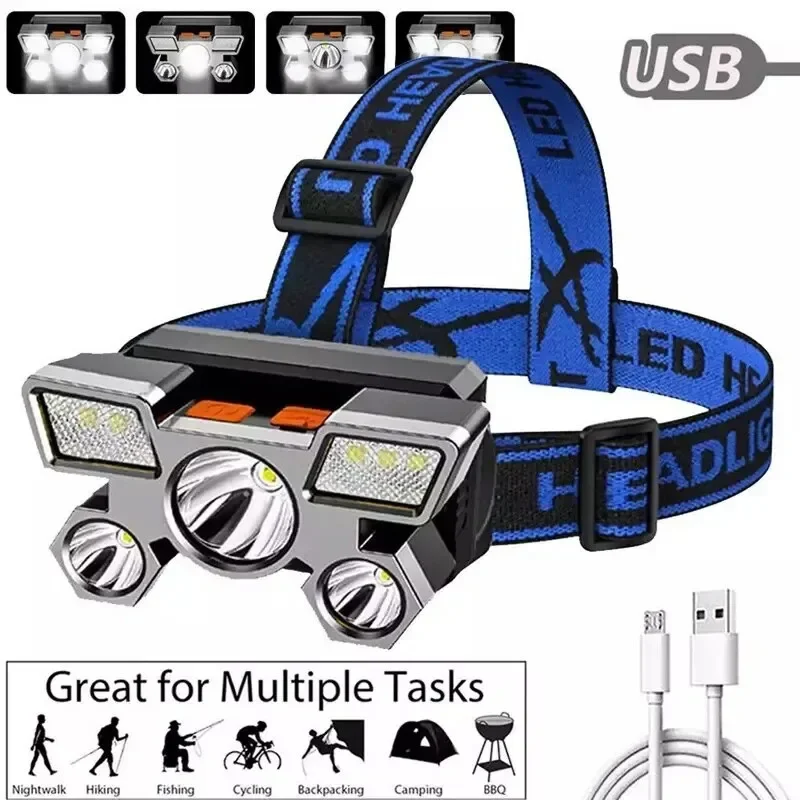 Ultra-Bright 5-LED Rechargeable Headlamp with USB Charging, 12000 Lumen Flashlight