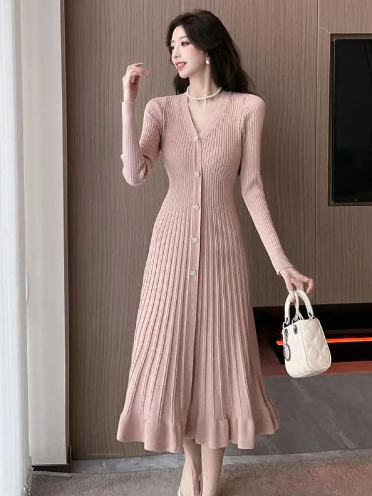 Vintage Beige Knitted Sweater Long Sleeve Dresses Women Pink