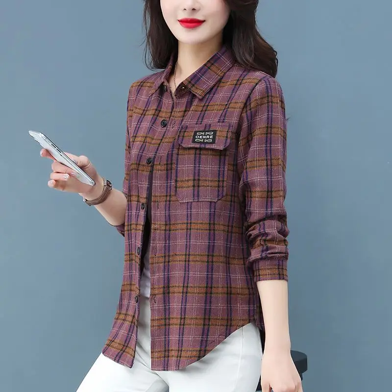 Shirt Casual Flannel Polo Shirt Womens Women's Autumn Fashion Simplicity  Plaid Polo Collar Long Sleeve