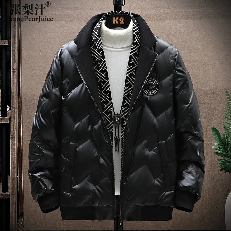 

Winter 2023 New Men Black Solid 90% White Duck Down Parkas Leisure Fashion Slim Suit Jacket Lapel Basic Down Jacket Coat Parka