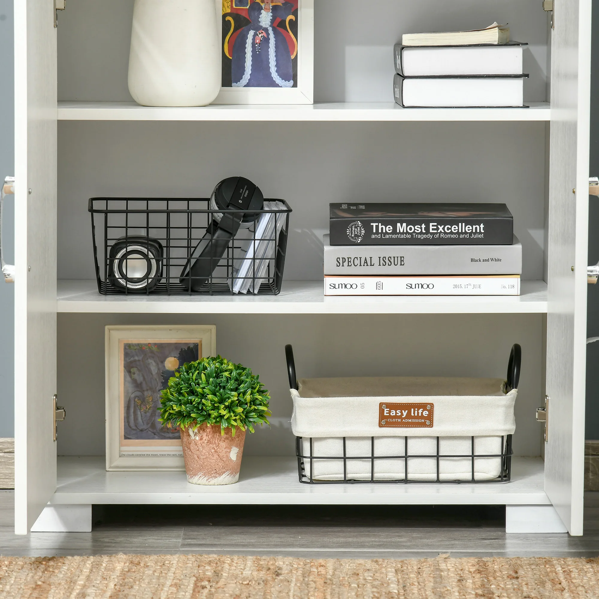 Industrial Style 4-Door Pantry Cabinet Organizer W/ Storage Shelves, White 6