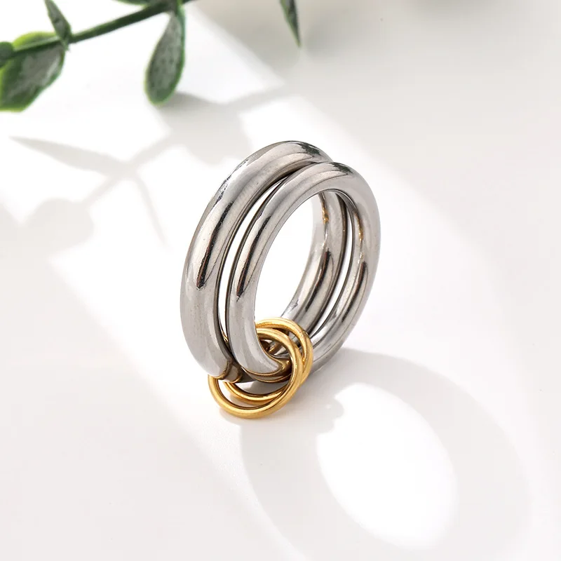 Vintage Double Round Circle Small Round Finger Ring for Women 18K Gold Plated Waterproof Stainless Steel Rings Hiphop Jewelry