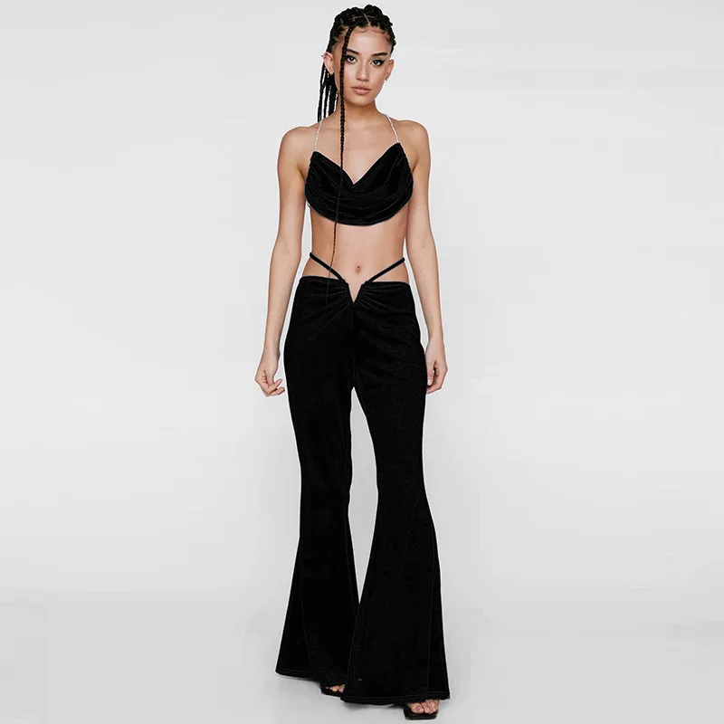 

Gothic Sexy V Waist Draw String Low Rise Stretchy Flare Pants Womans Fashion 2022 Streetwear Women Y2k Black Sweatpants