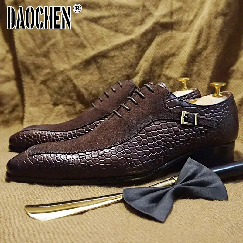 

Luxury Men Oxford Shoes Lace up Split Toe Black Brown Men Dress Shoes Suede Patchwork Crocodile prints Leather Shoes Men