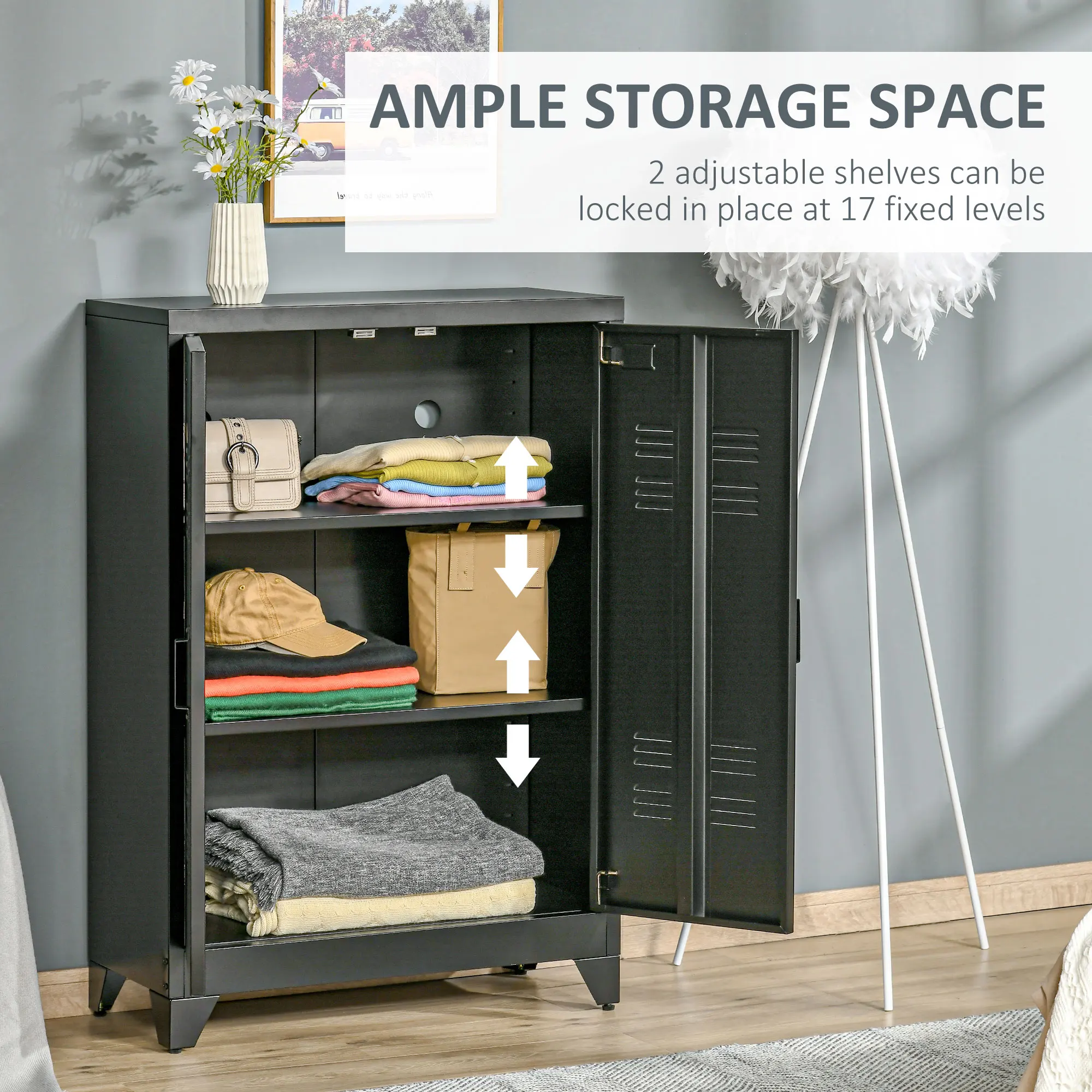 2-Tier Steel Storage Cabinet w/ 2 Adjustable Shelves for Office Garage, Black