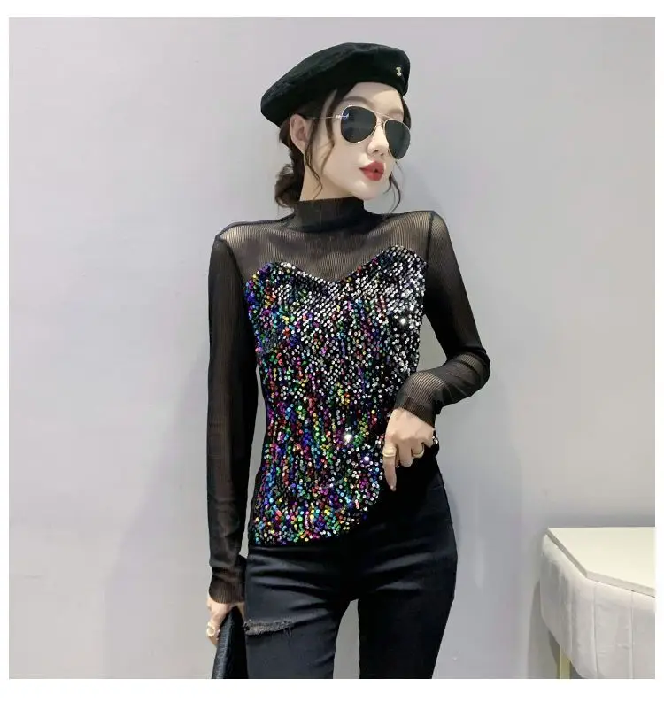 Frühling Herbst neue Mode Eleganz Pailletten aushöhlen T-Shirts Damen bekleidung Schweiß Slim Fit Roll kragen pullover Unterhemd schicke Tops – Detail 6
