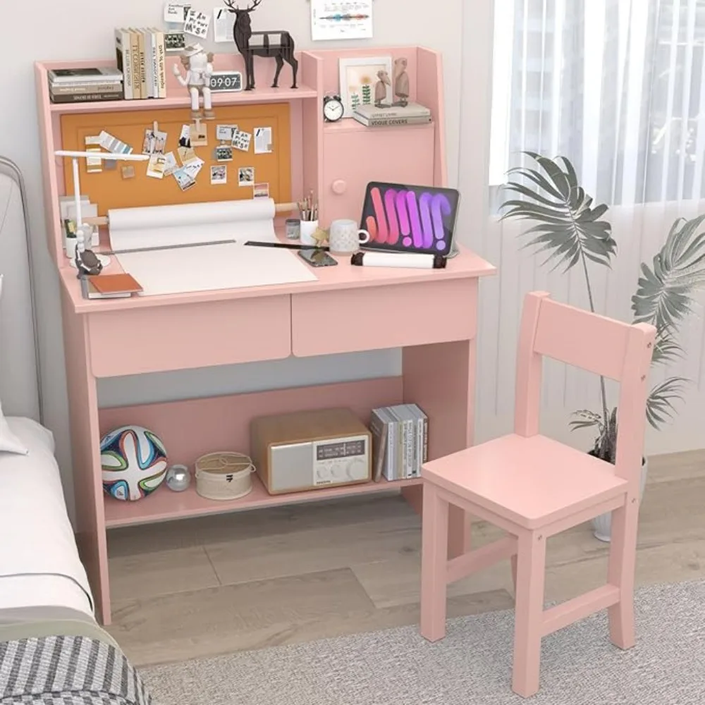 Kids Desk and Chair Set , Childrens Computer Desk with Drawers and Storage Shelf, Kids Study Table with Charging Station