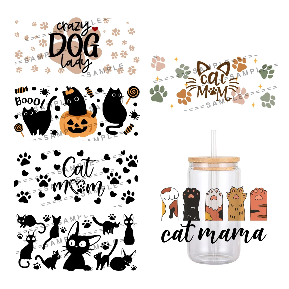 Cartoon Paw Animals Cat Dogs Pattern UV DTF Transfer Sticker Waterproof Transfers Decals For 16oz Glass Cup Wrap Stickers