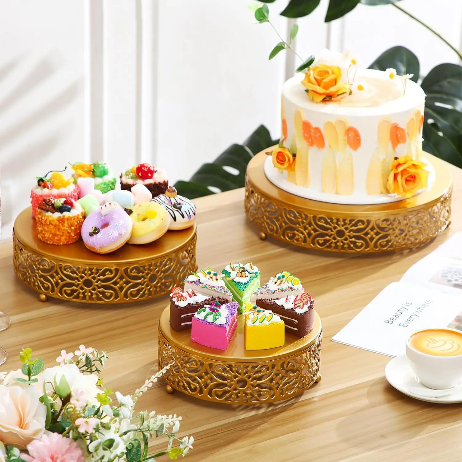 3pcs 8/10/12inch Set Golden Hollow Cake Rack Wedding Dessert Table Decoration Fruit Cake Tray Iron