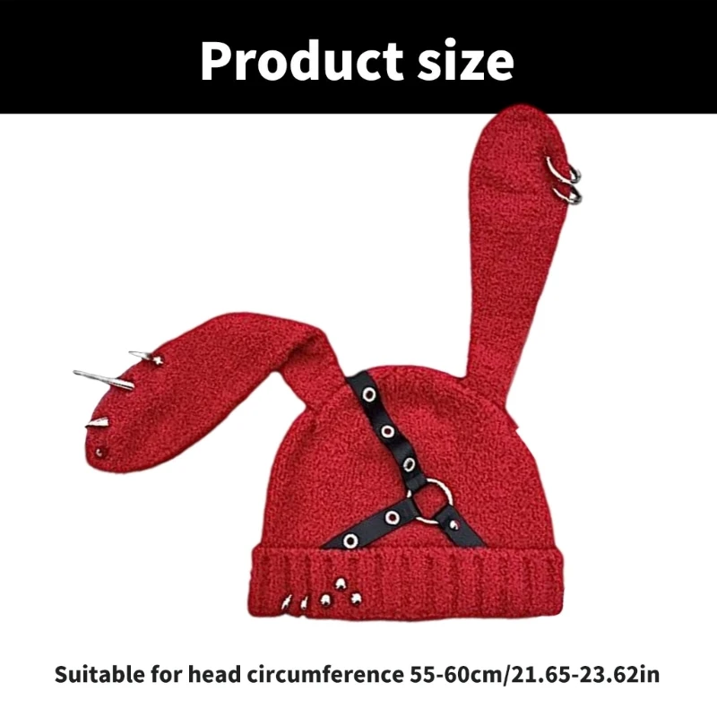 Punk Rivet Belt Hat for Girl 2000s Rabbit Ears Hat Winter Autumn Warm Outdoor Windproof Street Hiphop
