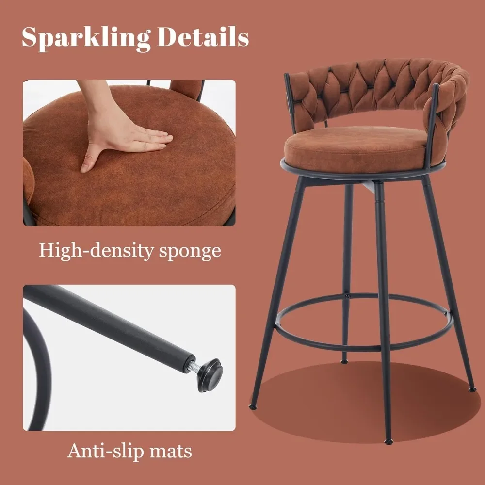 360&deg; Swivel Bar Stools, 28inch Counter Height Bar Stools Modern Barstools with Woven Back and Suede Fabric