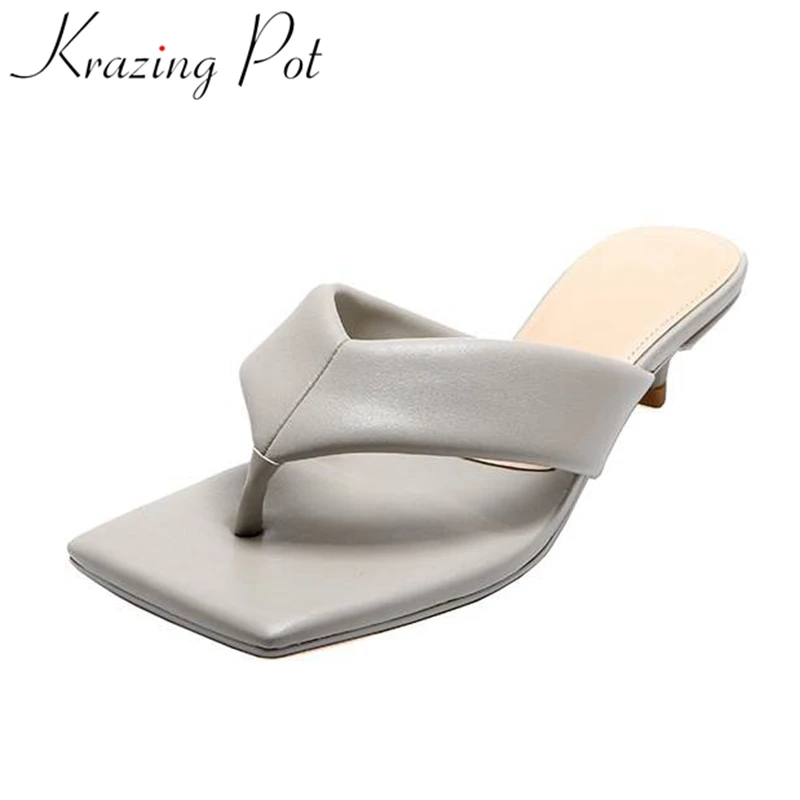 

Krazing Pot Genuine Leather Flip Flops Thin Med Heels Elegant Resort Style Summer Shoes Peep Toe Dinner Party Slip on Sandals