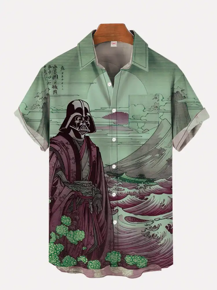 Vintage Japan Harajuku Retro Masked Samurai Men's Hawaiian Casual Shirt Men With Print Short Loose Camisas Casuais Slim Fit Y2K 3