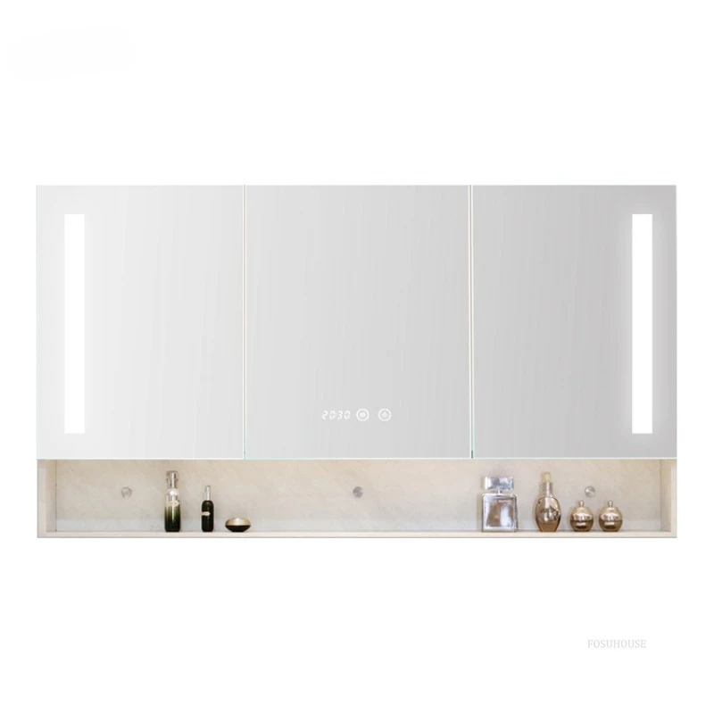 Simple Solid Wood Smart Bathroom Cabinet with Mirror Modern Wall-mounted Bathroom Mirror Storage Cabinet Home Furniture