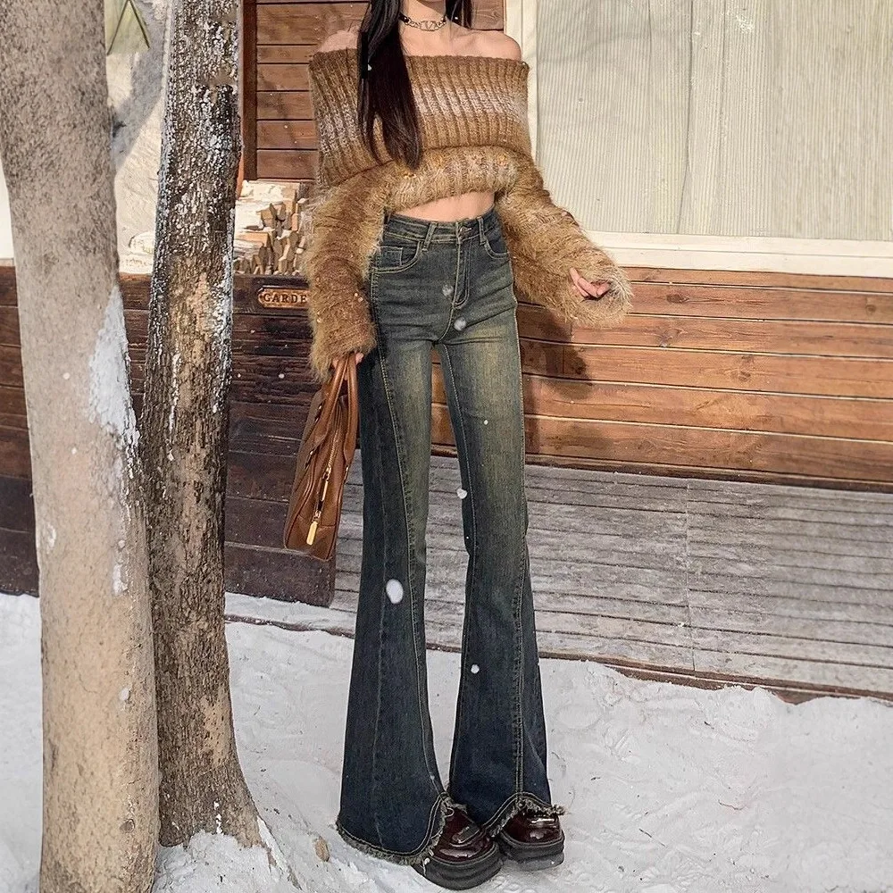 Cement gray high-waisted flared jeans for women, slim fit, stretchy, slimming bell-bottom pants for petite figures 1
