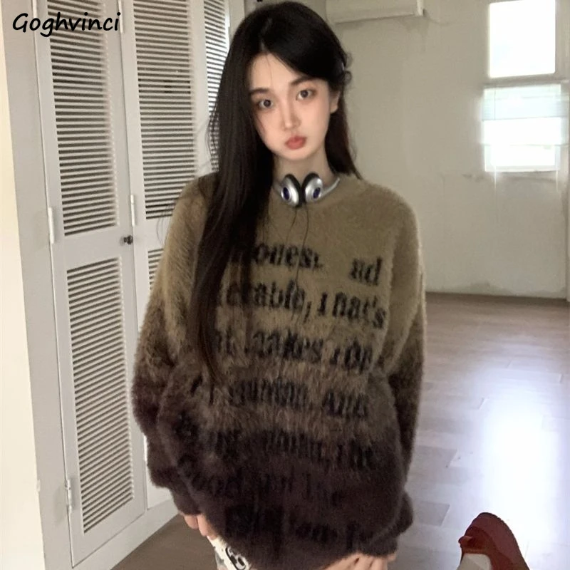 

American Retro Gradient Sweaters for Women Letter Pullovers Chic Female Autumn Winter Clothes Loose Fashion Design Knitwear Tops