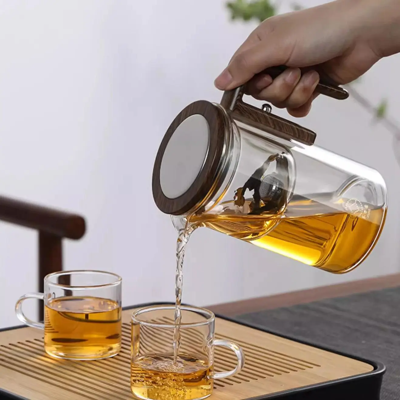 520ML Glass Teapot Home One-Button Tea Water Separation Filter Tea Pot Natural Bamboo Drain Tray Kung Fu Set tea filter bags