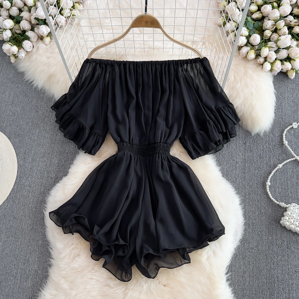 

Slash Neck Flare Sleeve Women Jumpsuit Fashion High Waist Slim Ruffles Wide Leg Jumpsuit Summer Beach Style Playsuits Shorts