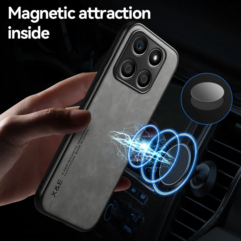 Leather Magnetic Phone Case with Built-in Metal Plate for Easy Mounting, 6.7 Soft Back Cover