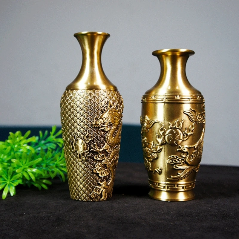1PC Large Brass Plant Flower Vases with Ornate Dragon and Phoenixes Engravings Vases for Home Living Room or Office Decoration 2