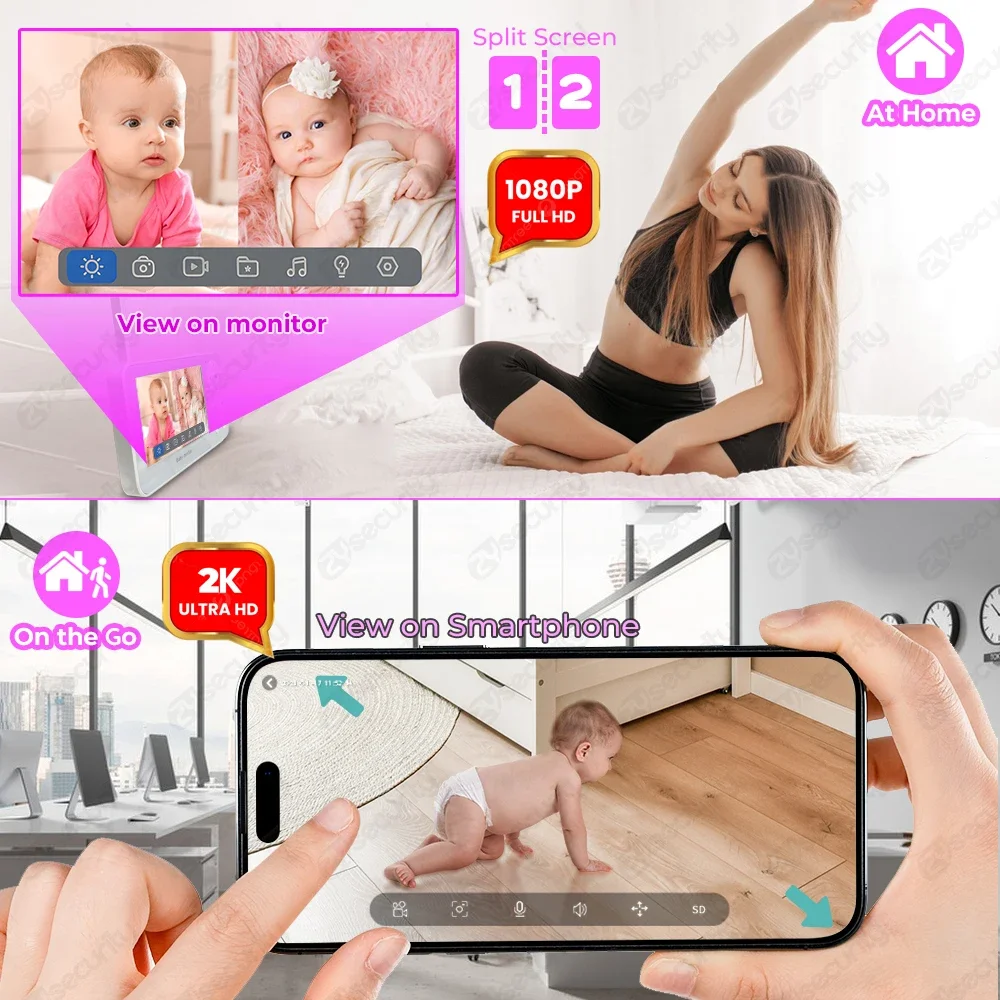 2K 3MP WiFi Baby Monitor with Two Camera Split-Screen Baby Phone via APP Control & 4.3" IPS Screen Auto Tracking PTZ Camera wireless baby monitor video baby monitor