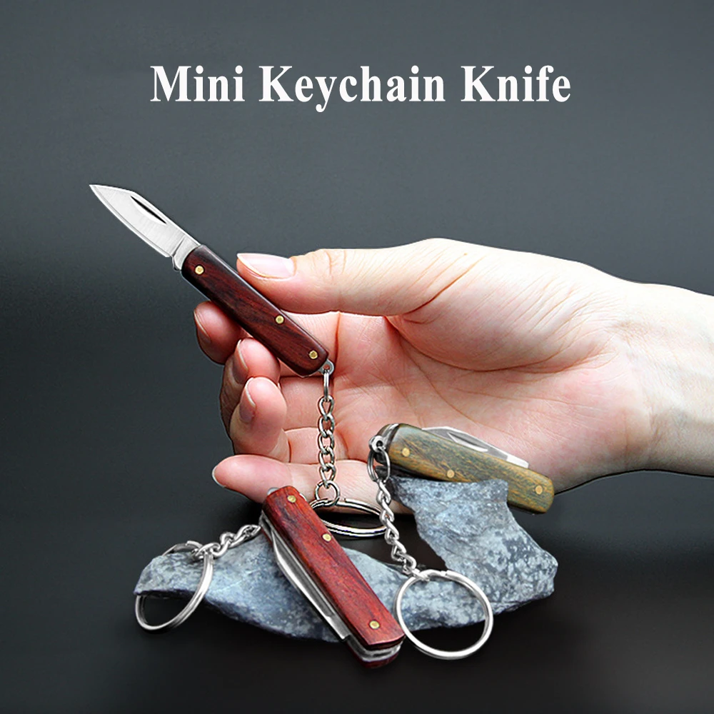 Portable Sandalwood Handle Keychain Folding Knife Cs Go Edc Small Pocket Outdoor Camping Utility