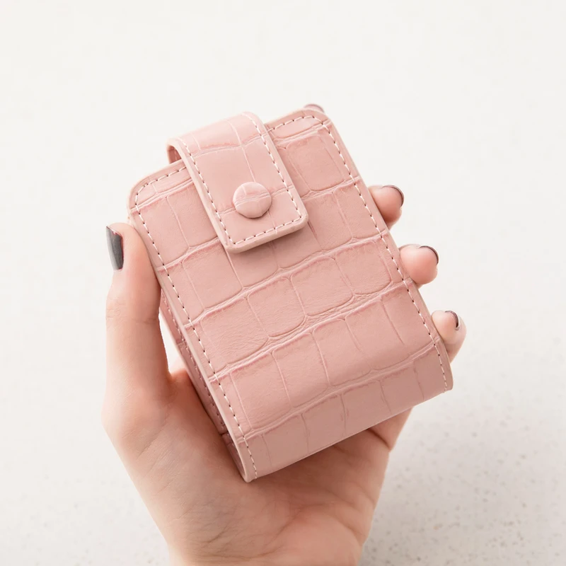 Mini Portable Lipstick Bag With Mirror,Minimalism Small Cosmetic Bag With Button, Crocodile Embossed Women's Makeup Storage Case