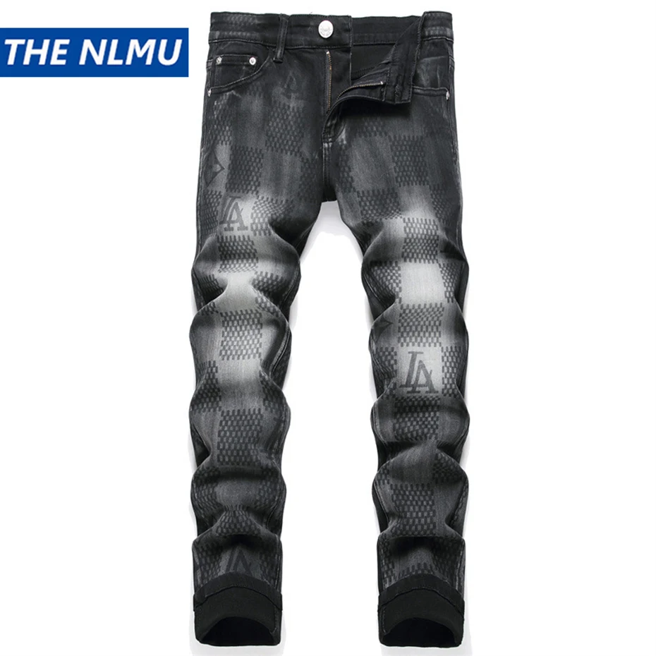 

Men's Fashion Jeans Black Plaid Letter Printed Slim Denim Pants Harajuku Streetwear Hip Hop Y2K Jeans