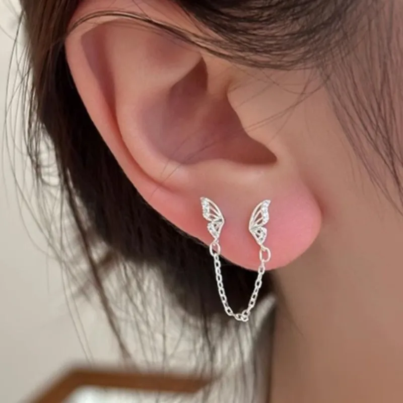 Tiny Sweet Tassel Butterfly Stud Earrings for Women Simple Korean Double Ear Hole Tassel Chain Earring Party Jewelry