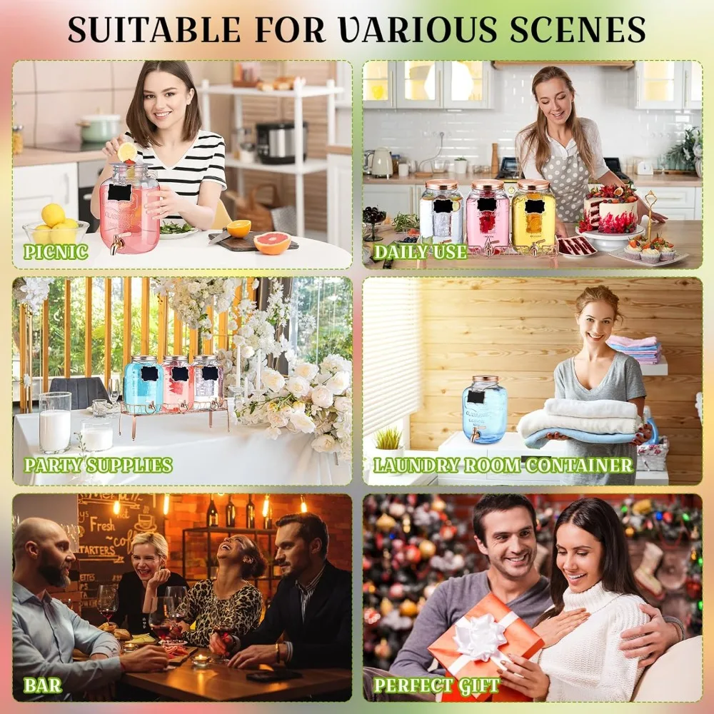 3 pcs 2 gallon glass drink dispenser with stand and lid mason jar beverage dispenser with stainless steel spigot, hanging chalk